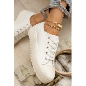 WHITE CANVAS CHUNKY PLATFORM LACE UP SNEAKERS